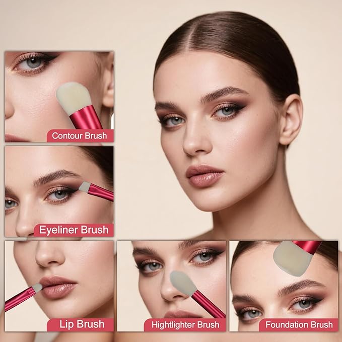 14-Piece Daily Makeup Brush Set - Essential Cosmetic Brushes Kit for Foundation, Concealer, Eyeshadow & Powder Blush, Professional Face Blending Brushes Kit for Women(Red)