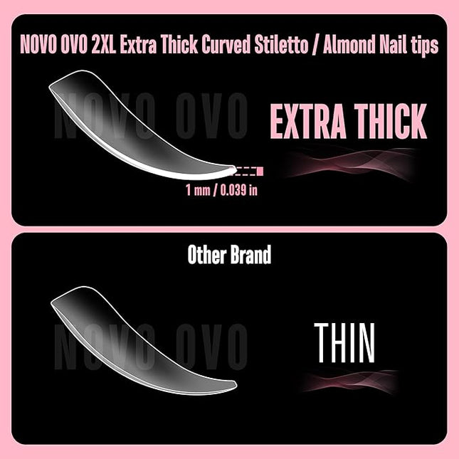 NOVO OVO Halloween XXL Curved Almond Stiletto Nail Tips Press on Full Cover, Soft Gel X Extra Thick Long Acrylic Hawk Curve Fake Nails Extension, Clear Pre-etched French False Nail 12 Sizes 240 Pcs