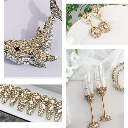 qiipii Champagne Golden Crystal Resin Rhinestones w B7000 Glue for Bedazzling Crafting 2mm-6mm Flatback Stones Diamonds Crystals Gems Bedazzler Kit Charms for Nails Face Makeup Tumblers Bottles Crafts
