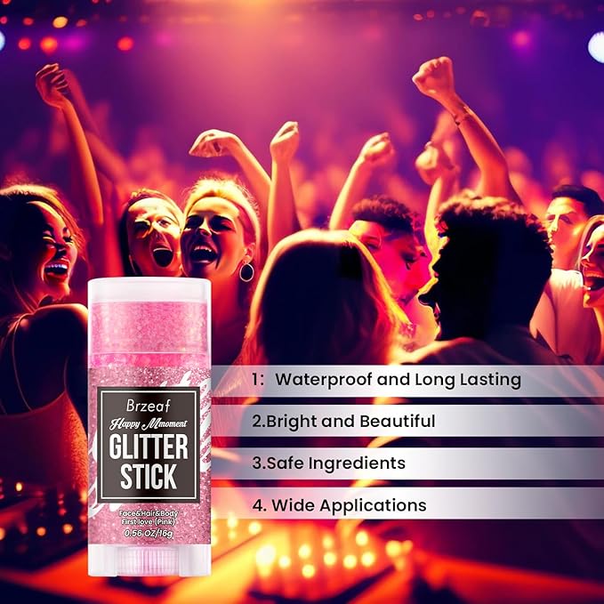 Brzeaf Waterproof Pink Glitter Stick, Not Greasy & Long Lasting, Chunky Glitter for Face/Body/Hair/Eyes/Lip, Singer Concert Music Rave Festival, Glitter Stick Makeup & Face Glitter Gel for Women Men