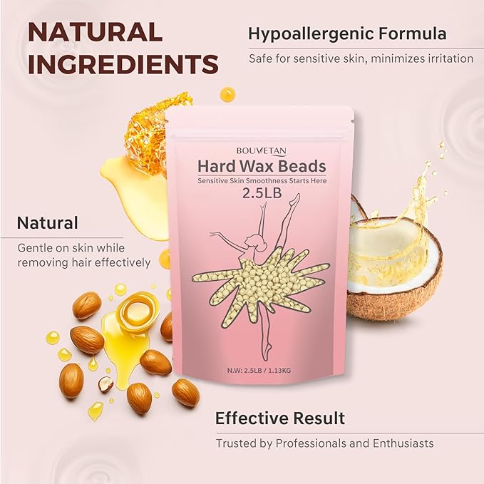 Hard Wax Beads, Bouvetan 2.5lb Wax Beans for Hair Removal, Sensitive Skin, Ideal Hair Removal Waxing Beads for Bikini, Legs, Eyebrow, Facial, Brazilian, Full Body