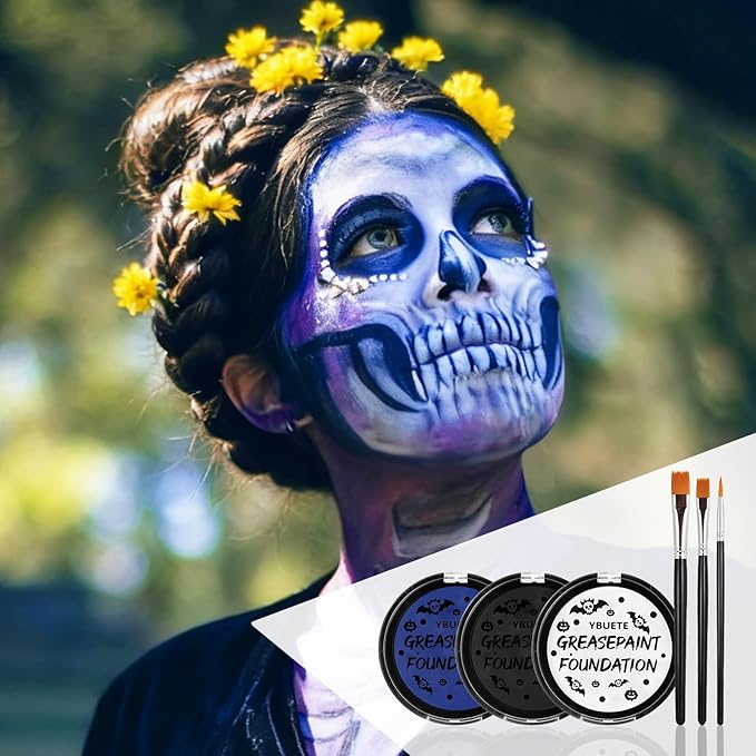 Blue Black White Oil Based Face Paint Kit with Painting Brushes, Professional Full Coverage Greasepaint for Adults Halloween Cosplay SFX Avatar Smurf Mermaid Makeup Stage Theater