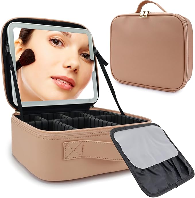 Travel Makeup Bag with LED Mirror Travel Makeup Organizer with 3 Lighted Settings, Adjustable Dividers and Makeup Brush Storage Bag Khaki