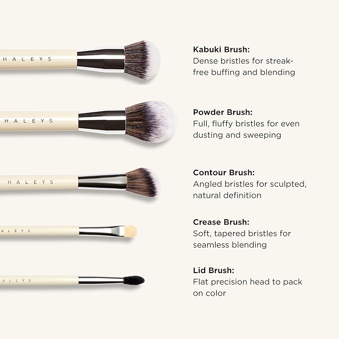 HALEYS Makeup Brush Set 5 pcs: Soft, Streak-free, Perfect Blending, Buff, Blurs and Smooth, Premium Luxury Vegan Bristles, For Liquid, Cream or Powder, Vegan, Cruelty-free, Sustainable Wood