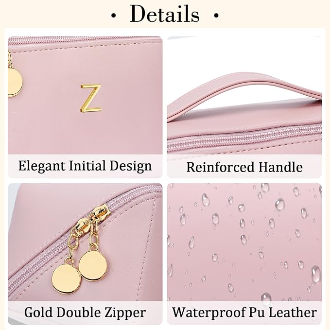 Birthday Gifts for Women Teen Girl, Personalized Initial Makeup Organizer Bag Set, Open Flat Travel Cosmetic Bag With Clear Divider and Handle(Pink,Z)