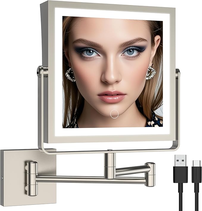 Ruacq Rechargeable Wall Mounted Makeup Mirror with Lights, Double Sided 1X/10X Magnifying Vanity Mirror with 3 Color Light, Touch Screen Dimmable, 360° Rotation Extension Foldable Arm(Brushed Nickel)