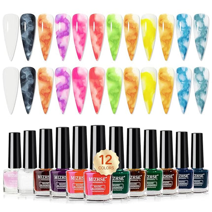 MIZHSE Marble Ink for Nails, 12Pcs Macarons Colors Marble Nail Polish Set Suumer Nail Ink Blooming Gel Watercolor Nail Polish for Nail Art Design Manicure at Home