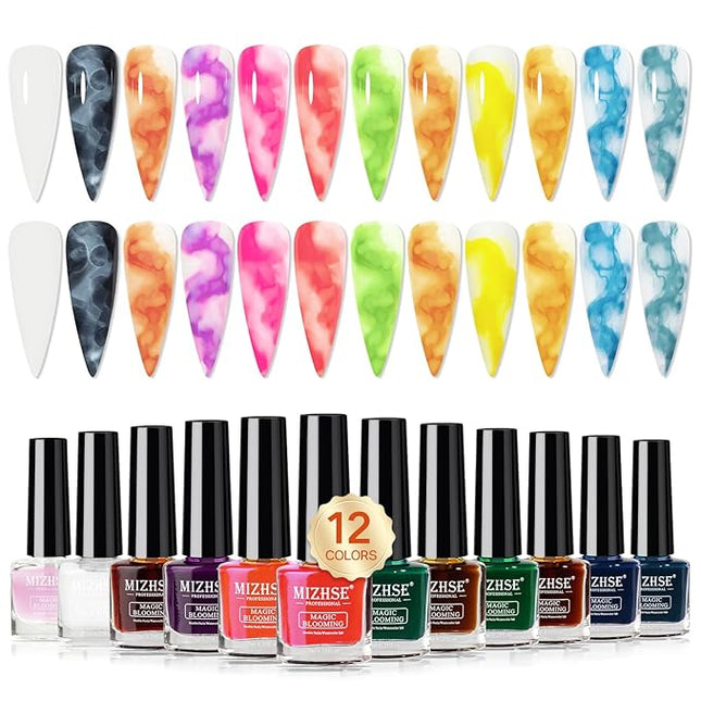 MIZHSE Marble Ink for Nails, 12Pcs Macarons Colors Marble Nail Polish Set Suumer Nail Ink Blooming Gel Watercolor Nail Polish for Nail Art Design Manicure at Home