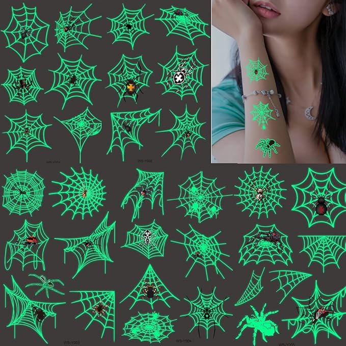 73PCS Luminous Halloween Spider Web Temporary Tattoos for Kids, Costume Makeup Glow in the Dark Fake Tattoo Stickers, Face Cosplay Holiday Party Favors Gifts for Adults Classroom School Prizes Reward