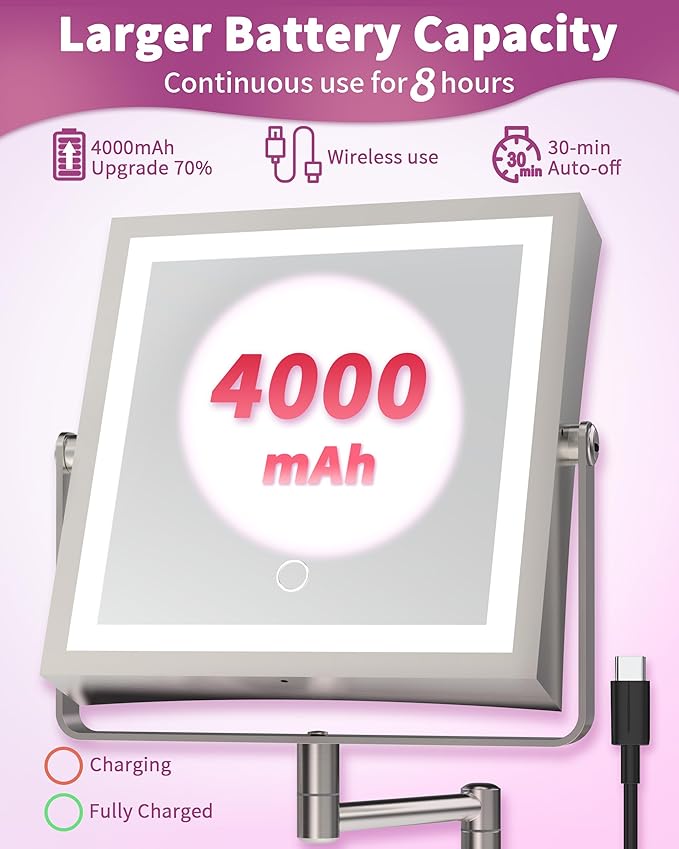 Rechargeable Wall Mounted Makeup Mirror with Lights, 4000mAh Double Sided 1X/10X Magnifying Vanity Mirror with 3 Color Lights, Touch Dimmable, 360° Extension Foldable Arm(Brushed Nickel）