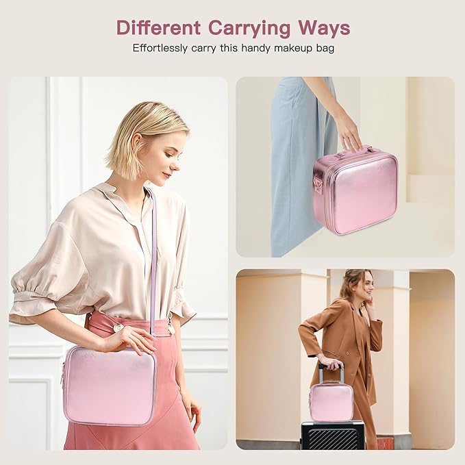 Travel Makeup Bag with LED Mirror, Cosmetic Bags for Women with Light up Mirror, Travel Essentials Makeup Organizer, Makeup Case with Adjustable Dividers and Brush Holder, 3 Color Lights