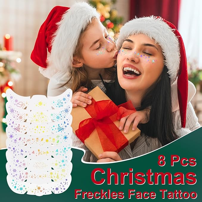 8PCS Glitter Freckles Face Tattoo, Sparkle Freckles for Women and Kids, Cute Star Waterproof Gold Temporary Face Tattoos Glitter Glow Up Patches (8PCSD Holographic Multicolor)