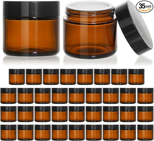KEYWING 2oz Small Glass Jars, 35 Pack Amber Glass Cosmetic Jars with Black Lids, Round Sample Container with Inner Liners for Cream, Lotions, Powders and Ointments