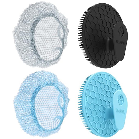 Silicone Body Scrubber with Scrub Net Set, BEAUTAIL 4 Pack for Rich Lather, Deep Cleansing, and Exfoliation – Durable, Easy to Clean, Gentle or Firmer Options – 2 Brushes (BK+BL), 2 Scrub Nets (GY+BL)