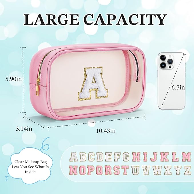 YOOLIFE Travel Clear Makeup Bag Toiletry Bag, Make up Bag Waterproof Toiletry Bags for Women Cosmetic Bag Preppy Stuff Birthday Gifts for Women Personalized Pink Mother Girlfriend Wife Gifts Letter G