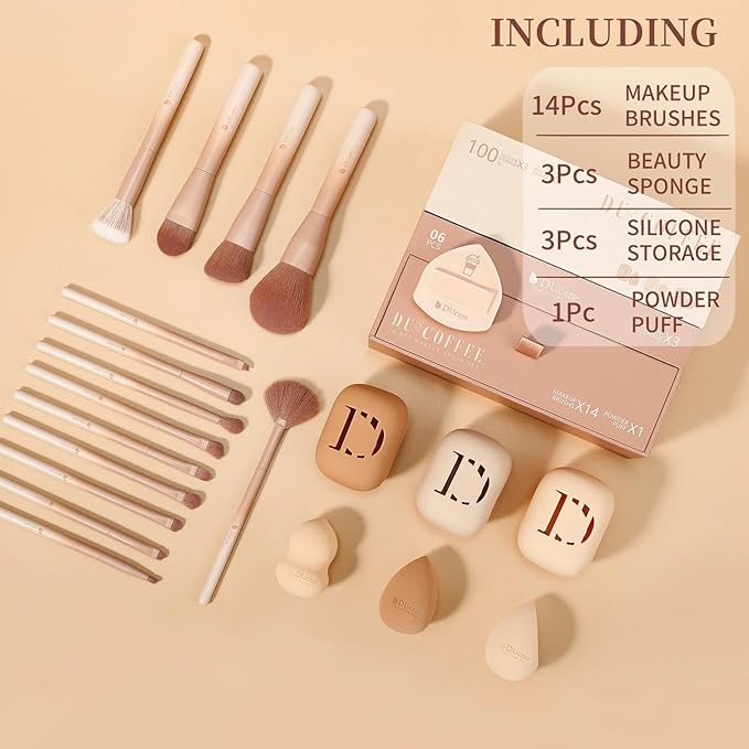 DUcare Makeup Brushes Set 14Pcs Coffee Series Makeup Brush set with Makeup Sponges Gifts Foundation Blending Face Powder Blush Eye Shadows Brushes