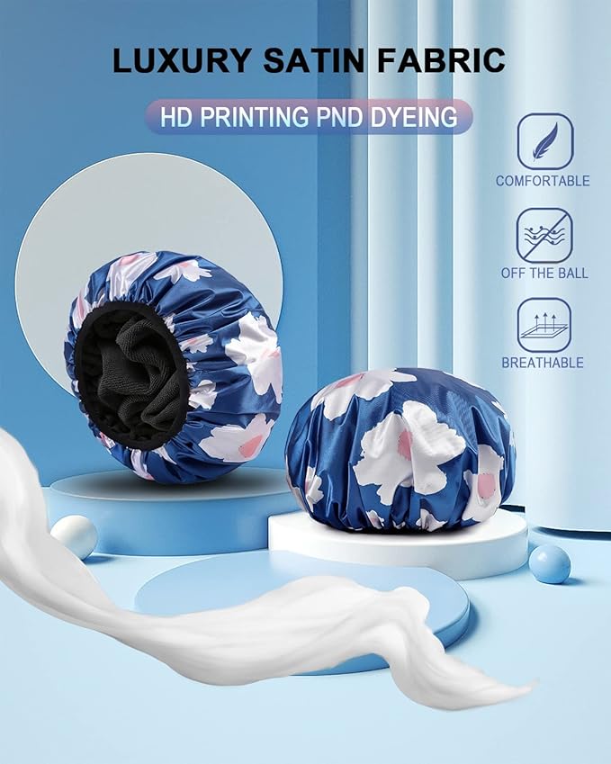 YIZIJIZI Terry Lined Shower Cap,Triple Layer Large Cap for Women,Shower Cap Reusable Waterproof,Long Thick Hair(Blue)