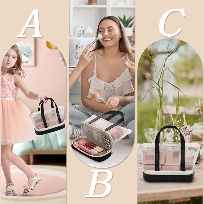 OCHEAL Small Multi-Functional Makeup Bag for Teens and Women Cute Cosmetic Case with Zipper Pouch/Double Handle for Travel Daily Use Multi-Scene Storage - Christmas or Birthday Gift for Girls-Black