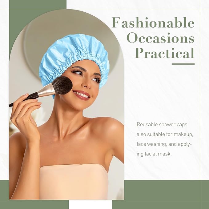 Reusable Shower Cap for Women, Large Waterproof Shower Essentials Bonnet Washable Elastic Band Bath Hair Wrap Hat for Long Hair, Braids(Light Blue)