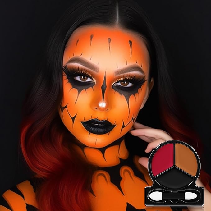 Black Red Orange Face Body Paint with Applicator, Face Painting Kit for Halloween Makeup, Pumpkin, Tiger Costume, Cosplay,Theme Parties, Dress Up - Compact & Portable