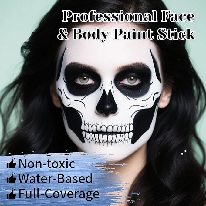 White Black Face Body Paint Stick Set with Translucent Setting Powder and Sponges, Professional Full Coverage Face Painting for Adults Halloween Cosplay SFX Skull Zombie Skeleton Goth Makeup