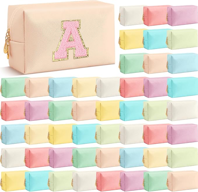 Cunno 50 Pcs Makeup Bag Bulk PU Leather DIY Cosmetic Plain Preppy Makeup Pouch Portable Waterproof Toiletry Bags for Women Travel Pencil Case Cosmetic Organizer (Multicolor)