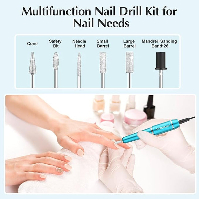JIASHENG USB Electric Nail Drill, Portable Electric Nail File for Acrylic Gel Nails, Professional Drill Nail Kit Manicure and Pedicure Kit with Drill Bits for Home and Salon Use, Blue