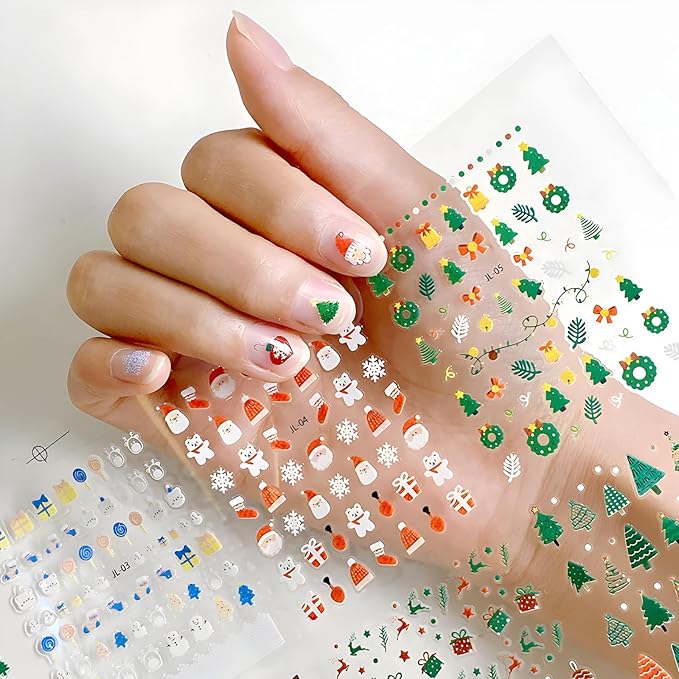 30 Sheets Christmas Nail Art Stickers 3D Self- Adhesive Pegatinas Uñas Snowman Snowflake Nail Decals White Red Christmas Nail Supplies for Women and Girls