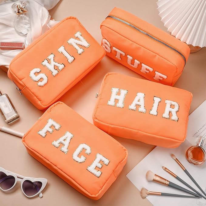 Cunno 4 Pcs Preppy Makeup Bags Chenille Letter Stuff Bag Nylon Cosmetic Pouch Cases with Zipper for Women Travel Toiletry