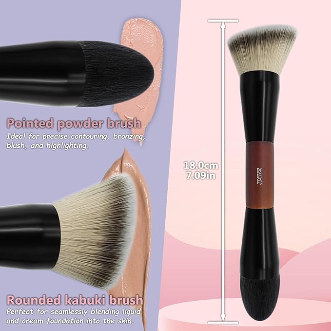 Double Ended Foundation Brush & Blending Brush for Makeup, Soft, Dense Bristles for Sensitive Skin, Duo Blush Brush for Liquid, Powder, Cream, Blending, Buffing–Travel-Friendly, Kabuki Makeup Brushes