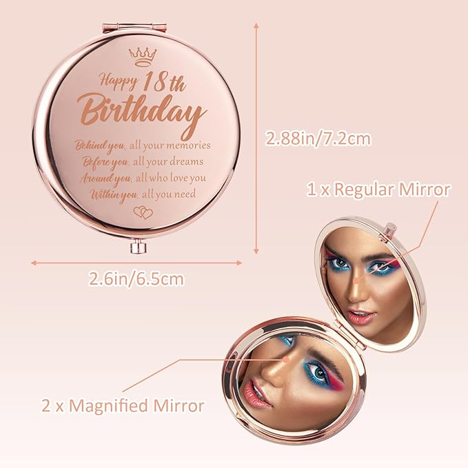 18th Birthday Gifts for Her, Rose Gold Compact Mirror, 2.6" Diameter, 1x & 2x Magnification, Perfect for Travel & Makeup