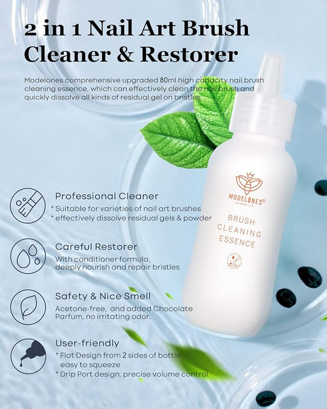 Modelones Nail Art Brush Cleaner & Restorer for Nail Polish/ Extension Gel/Solid Builder Gel/Dip Powder/Acrylic Manicure Kits DIY Salon at Home - 80ml, W/Pro Brush