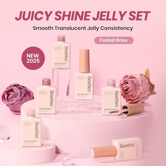 Beetles Jelly Gel Nail Polish Set - 6 Colors Nude Pink Purple Glitter Gel Polish Kit Faded Rose Color Neutral Sheer Gel Translucent Effect Soak off UV DIY Salon Manicure Gift for Women