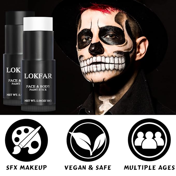 Black and White Face Body Paint Stick, White Foundation Makeup, Eye Black Stick for Sports, Professional Halloween Face Makeup Kit for Mime Zombie Clown Vampire Skeleton Skull Joker Costume
