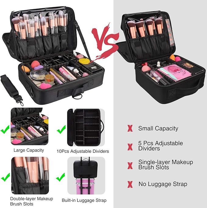 Relavel Makeup Bag Travel Makeup Train Case 13.8 inches Large Cosmetic Case Professional Portable Makeup Brush Holder Organizer and Storage with Adjustable Dividers and Shoulder Strap Black