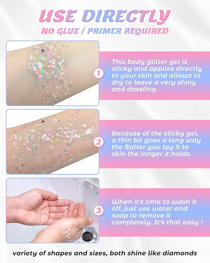 6 Pcs Clear White Face Body Glitter Gel，Holographic Chunky Sequins Body Glitter Paint for Party Singer Concerts Music Festival Rave Accessories for Girls Women Face Body DIY Sparkling Makeup