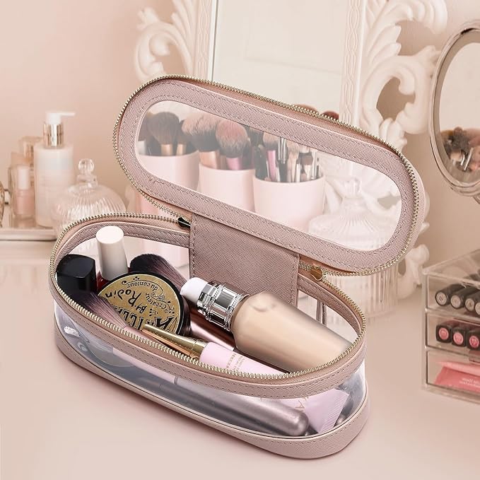 Pinkmik Makeup Brush Case Clear Travel Cosmetic & Toiletry Bag Slim Makeup Bag with Zipper Small Purse Organizer Car Essential Bag for Women (Pink, SLIM-2)