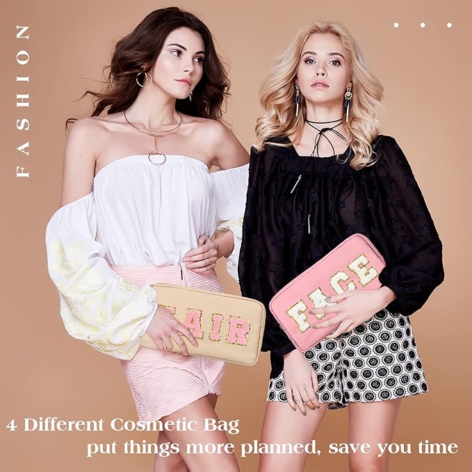 Cunno 4 Pcs Preppy Makeup Bags Chenille Letter Stuff Bag Nylon Cosmetic Pouch Cases with Zipper for Women Travel Toiletry