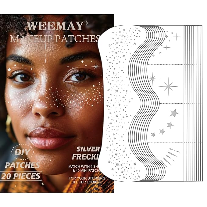 20 Pcs Silver Glitter Freckles Face Tattoos, Silver Glitter Freckles Makeup Patches, Waterproof Sparkle Freckles, Glitter Freckles Temporary Face Tattoos for Women