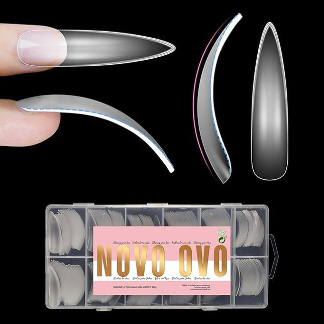 NOVO OVO Halloween XXL Curved Almond Stiletto Nail Tips Press on Full Cover, Soft Gel X Extra Thick Long Acrylic Hawk Curve Fake Nails Extension, Clear Pre-etched French False Nail 12 Sizes 240 Pcs