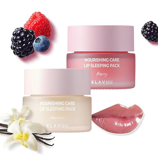 Klavuu Lip Mask Set (2PCS) – Overnight Deep Hydrating Korean Lip Balm Treatment for Very Dry, Chapped Lips | Lip Lightening & Plumping with Instant Hydration | Gentle Exfoliating (Berry & Vanilla)