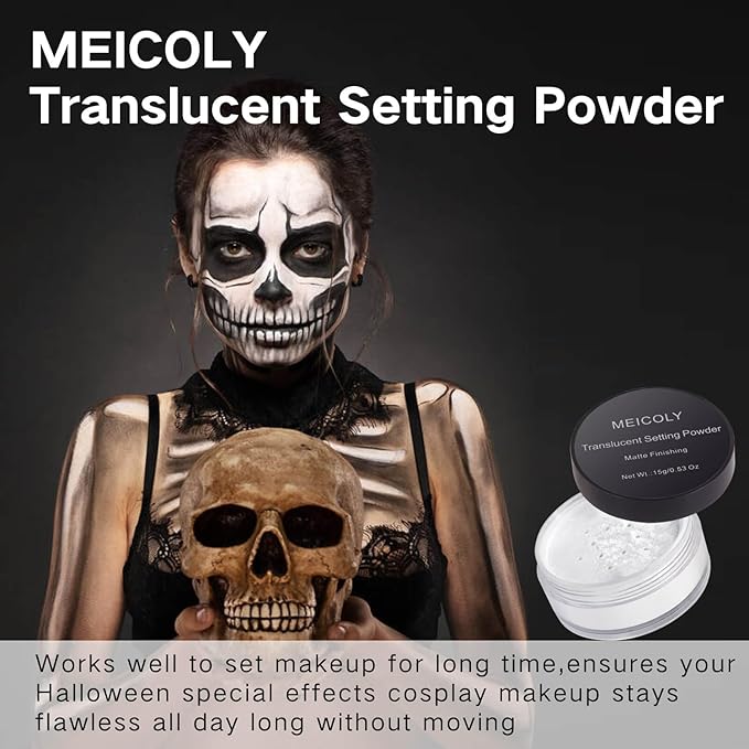 MEICOLY Talc-Free Setting Powder with Sifter,Long Lasting Loose Face Powder,Translucent Powder Colorset Powder,Matte Finishing White Face Paint Setting Powder for Halloween SFX Makeup,Oil Control