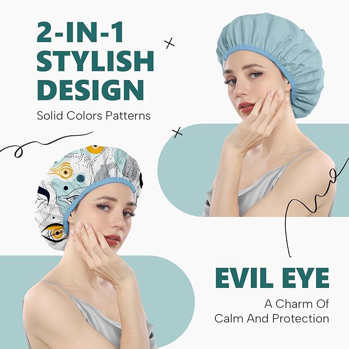 Years Calm Evil Eye Shower Caps for Women Reusable Waterproof, Pattern and Solid Color Dual-Layer Design, Hair Cap for Shower with Elastic Band, Fits Braids, Dreadlocks & Long Hair (Blue)