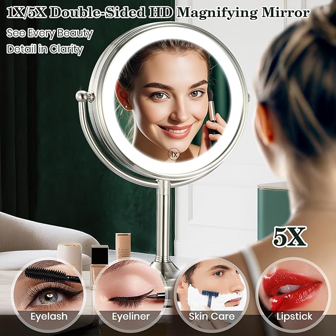 VESAUR 11.8" Extra Large 17" Tall Lighted Makeup Mirror, 1X/5X Double Sided Magnifying Mirror with 96 LEDs, 3 Color Modes & Adjustable Brightness, 360° Rotation, Nickel Finish - Great Gift for Women