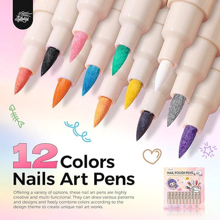 GELLAKTIK 12 Colors Nail Art Pens Set, 3D Nail Polish Pens Quick-Drying Acrylic Paint Markers, Dotting Liner Brush for DIY Nail Design, Home & Salon Manicure Tools