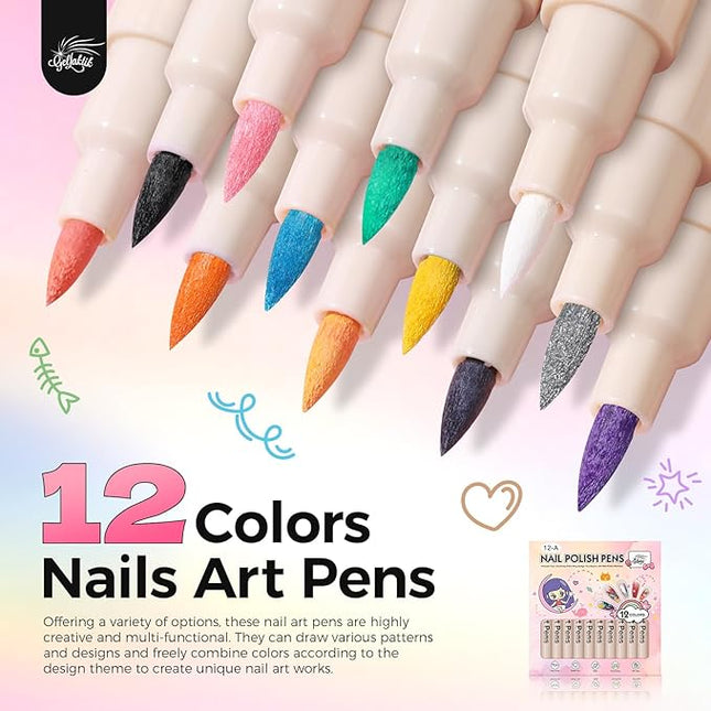 GELLAKTIK 12 Colors Nail Art Pens Set, 3D Nail Polish Pens Quick-Drying Acrylic Paint Markers, Dotting Liner Brush for DIY Nail Design, Home & Salon Manicure Tools