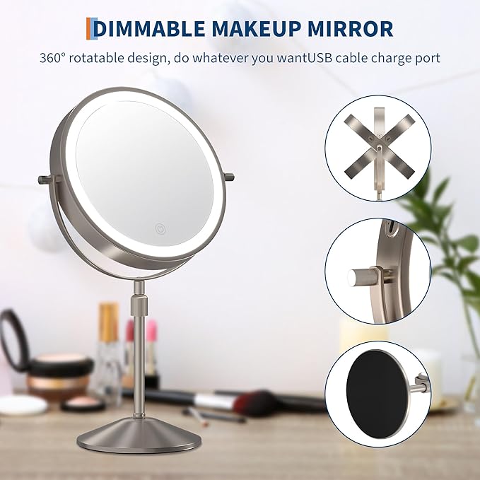 Garvee Lighted Makeup Mirror, Rechargeable Height Adjustable Double Sided Vanity Mirror, 1x/10x True HD Magnifying, Brightness Adjustable, Three Colors, 360° Rotation Vanity, Gift for Women, Nickel