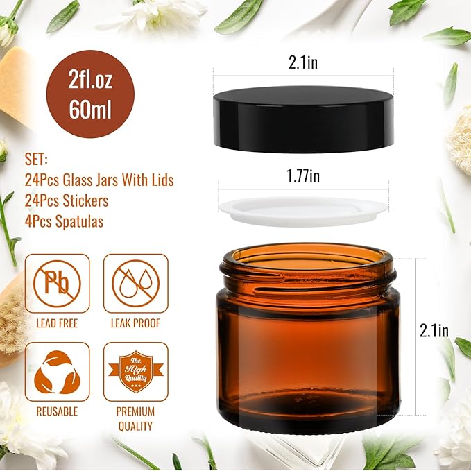 2 oz Amber Glass Jars with Lids 24Pack, Small Jars with Inner Liners for Sample, Powder, Cream, Lotion and Ointments with Stickers & Spatulas Included