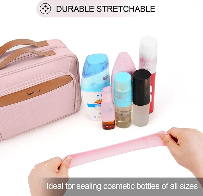 Travel Hanging Toiletry Bag for Women and Men, with 8 Leak Proofing Silicone Bottle Covers, Waterproof Makeup Accessories, Cosmetic Essentials, Cruise Ship Toiletries Bag with Jewelry Organizer, Pink