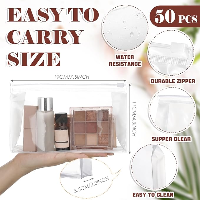 Xuniea 50 Pcs Mini Clear Makeup Bag Small Clear Zipper Pouch Travel Plastic Cosmetic Organizer Waterproof for Toiletries Swimsuit Bikini Bathing Suit(7.5'',Transparent)
